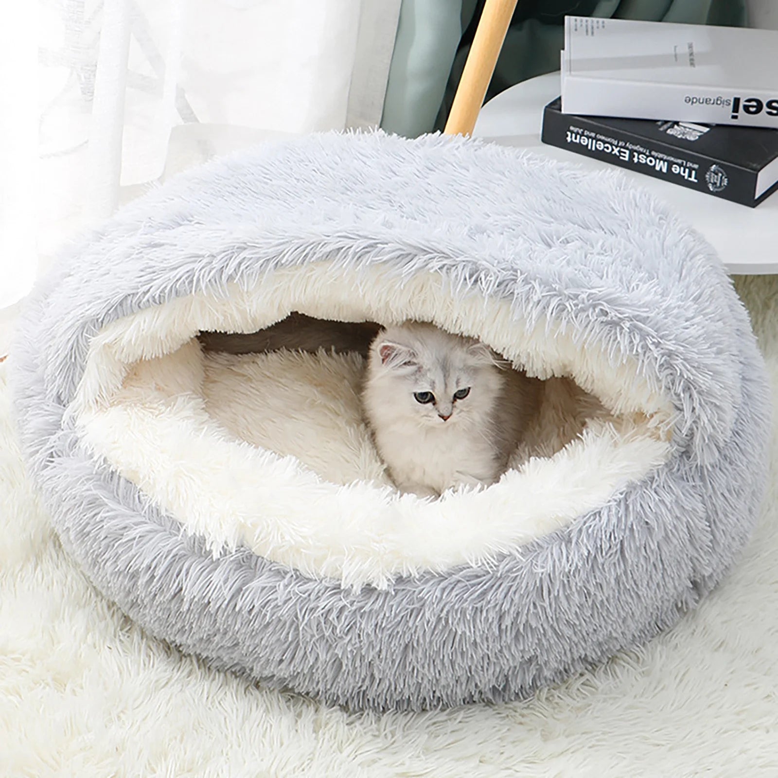 Rnemite-Amo Calming Dog Beds & Cat Cave Bed with Hooded Cover,Removable Washable round Beds for Small Medium Pets,Anti-Slip Faux Fur Fluffy Coved Bed for Improved Sleep,Fits up to 11 Lbs