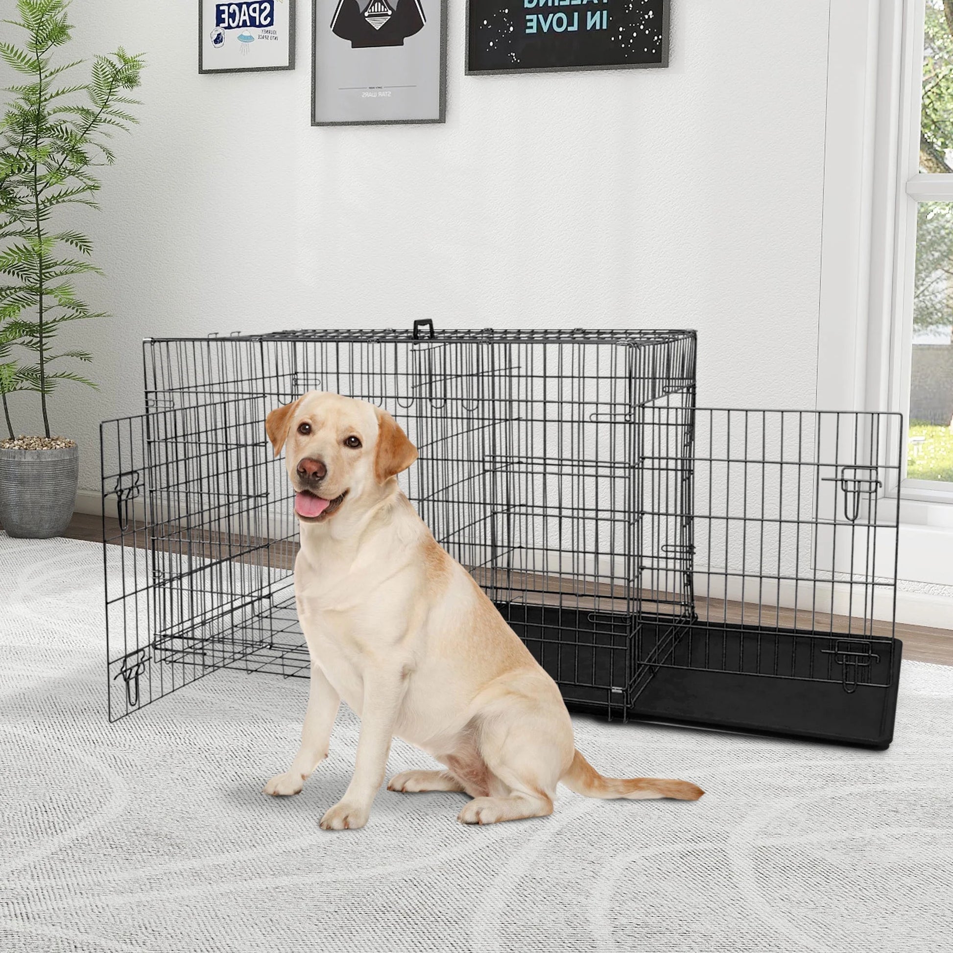 48 Inch Dog Crate, Dog Crates and Kennels for Big Dog Foldable Large Dog Crate for Large Dogs with Handle Double-Door Outdoor Metal Wire Dog Cage with Plastic Tray for Medium Dogs, Black